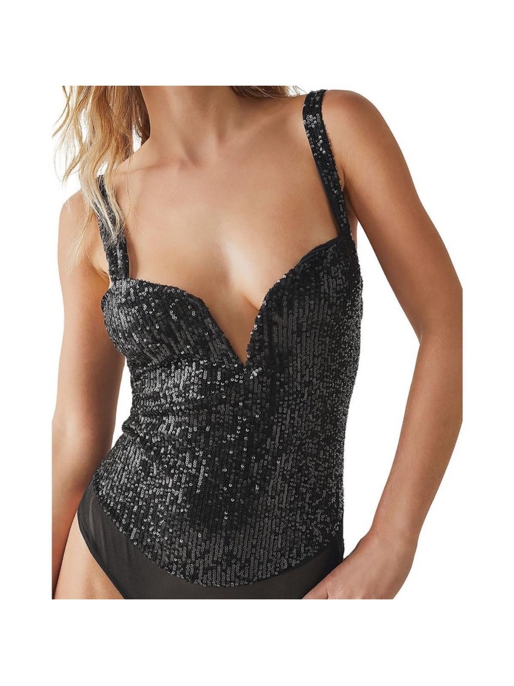 Free People Black Sequin Mesh Bodysuit
